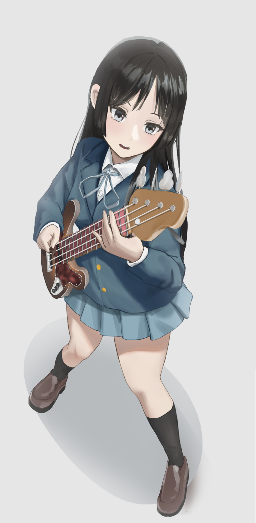 1girl absurdres akiyama_mio bangs bass_guitar black_eyes black_hair black_socks blazer blue_jacket blue_ribbon blue_skirt brown_footwear buttons collared_shirt from_above full_body highres holding holding_instrument instrument jacket k-on! kazawa_ushi loafers long_hair long_sleeves music neck_ribbon playing_instrument pleated_skirt ribbon sakuragaoka_high_school_uniform school_uniform shirt shoes sidelocks skirt socks solo standing white_shirt