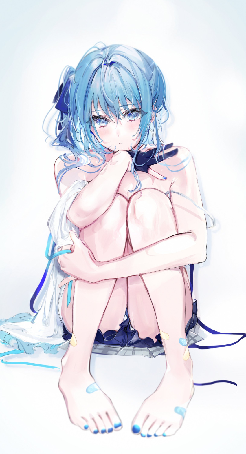 1girl absurdres bandaid bandaid_on_foot bandaid_on_leg bare_shoulders blue_eyes blue_hair blue_nails gloves hair_ribbon highres hololive hoshimachi_suisei looking_at_viewer medium_hair nail_polish off_shoulder parted_lips partially_fingerless_gloves ribbon shia_job side_ponytail sitting skirt solo toenail_polish toenails virtual_youtuber