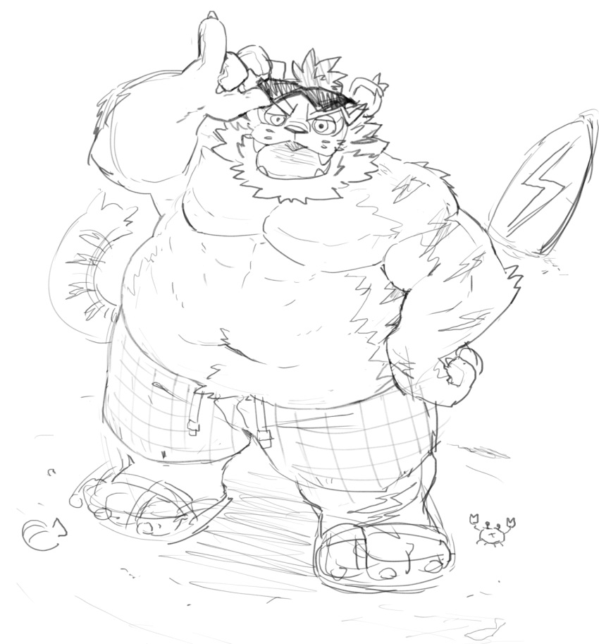 2022 anthro belly big_belly bottomwear clothing eyewear felid footwear gokrakstyle hi_res kemono male mammal moobs navel overweight overweight_male pantherine raiden_tameemon sandals sengoku_puzzle shorts sketch sunglasses surfboard tiger video_games