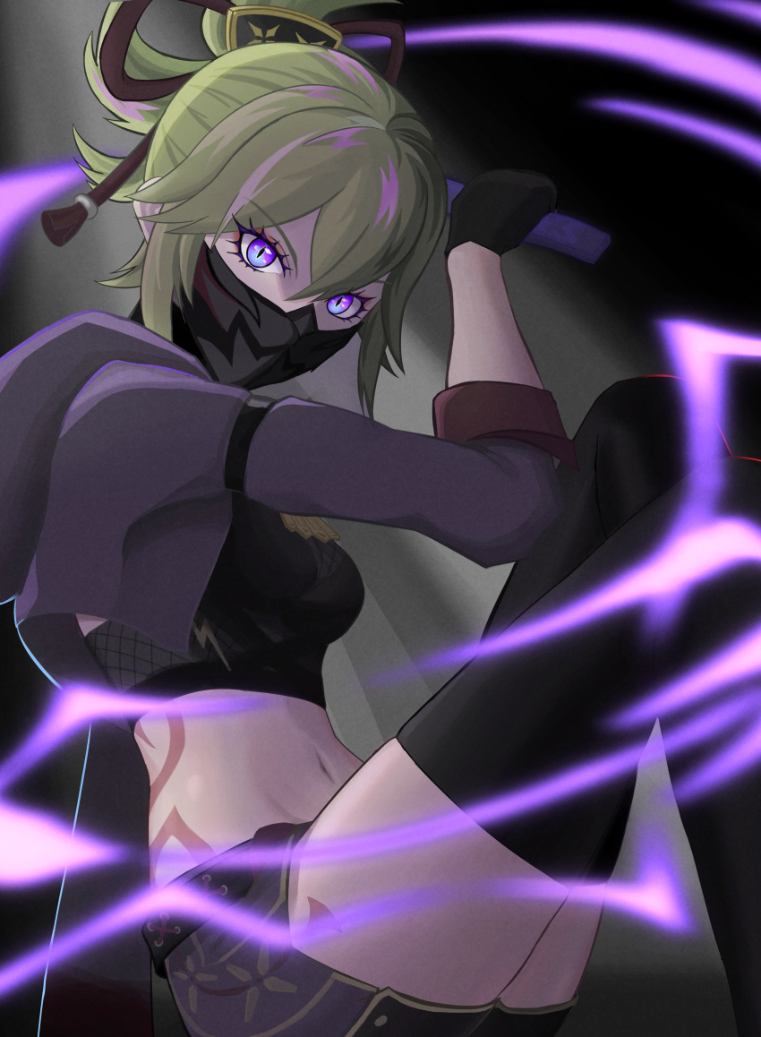 1girl absurdres bangs belt black_belt black_mask black_thighhighs blue_eyes blurry body_markings breasts commentary_request crop_top cropped_jacket crossed_bangs depth_of_field electricity fishnet_top fishnets from_side genshin_impact gradient_eyes green_hair hair_between_eyes hair_ornament hand_up highres holding holding_sword holding_weapon hood hooded_jacket jacket knees_up kuki_shinobu looking_at_viewer mask medium_breasts midriff mouth_mask multicolored_eyes navel ninja_mask purple_eyes purple_jacket purple_shorts rope shimenawa short_ponytail short_shorts shorts sidelocks sitting solo stomach sword thighhighs thighs vegakirie weapon