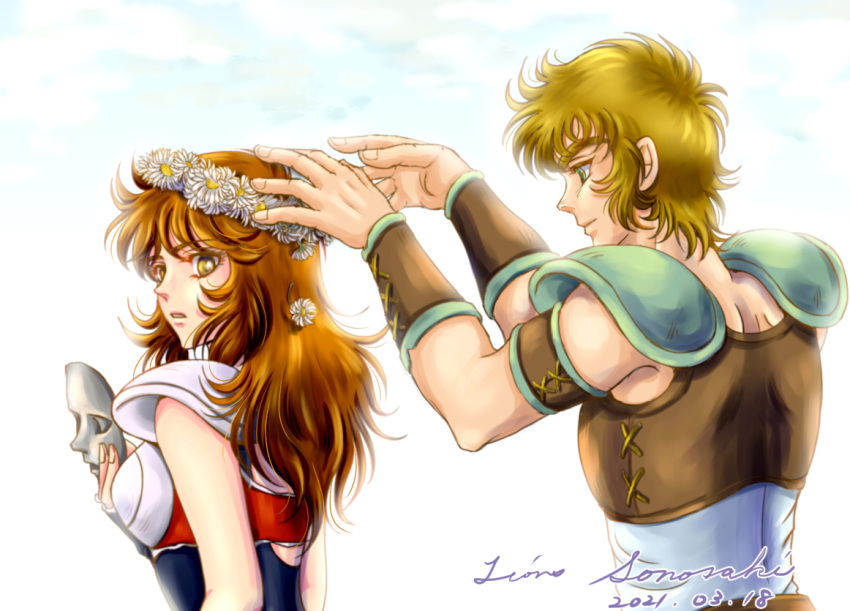 1boy 1girl aquila_marin armor bangs blonde_hair bracer brown_eyes brown_hair dated head_wreath holding holding_mask kurumada_masami_(style) leo_aiolia looking_back mask parted_lips saint_seiya shoulder_armor sidelocks smile sonosaki888