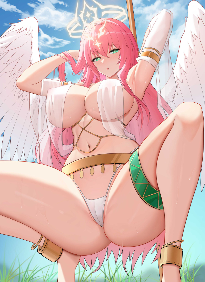 1girl absurdres bangs bare_shoulders blue_sky blush breasts dungeon_and_fighter green_eyes halo highres large_breasts long_hair looking_at_viewer navel open_mouth pink_hair sky solo thighs ultra_(511455329) wings