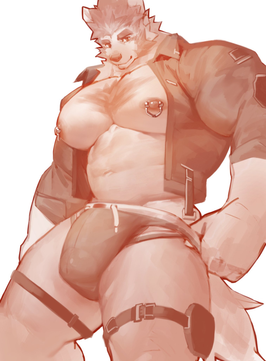 anthro big_muscles bulge chest_tuft clothing doooo2424 eyebrows fluffy fluffy_tail hi_res huge_muscles huge_pecs looking_at_viewer male mammal monochrome muscular muscular_male nipple_piercing nipple_ring nipples piercing ring_piercing solo teasing thick_eyebrows thigh_strap thong tight_clothing tuft underwear ursid