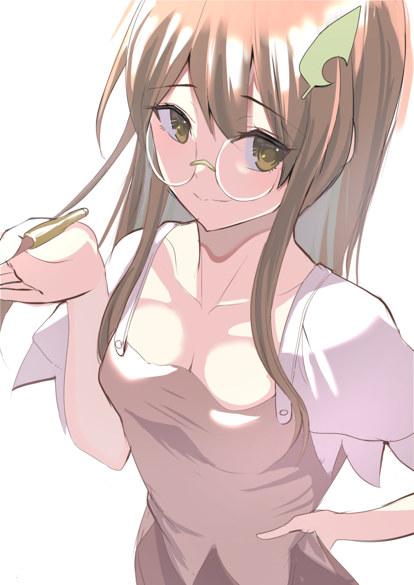 1girl amisu breasts brown_eyes brown_hair brown_shirt brown_skirt cleavage closed_mouth collarbone futatsuiwa_mamizou glasses hair_between_eyes hair_ornament highres holding holding_smoking_pipe leaf_hair_ornament long_hair one-hour_drawing_challenge round_eyewear shirt short_sleeves simple_background skirt smile smoking_pipe solo touhou white_background