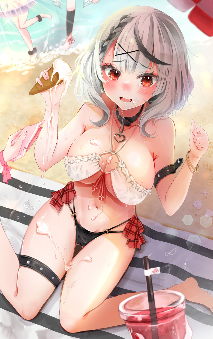 5girls absurdres arm_strap bare_shoulders beach beach_towel bikini black_collar black_hair blush bow breasts collar collarbone cup disposable_cup drink drinking_straw food food_on_body food_on_breasts food_on_face gold_bracelet hair_ornament handkerchief hands_up heart_pendant highres hinoki_kahun0 holding holding_food hololive ice_cream ice_cream_cone ice_cream_cone_spill large_breasts medium_hair mismatched_bikini multicolored_hair multiple_girls out_of_frame plaid plaid_bow raised_eyebrows sakamata_chloe sand shell sitting solo_focus streaked_hair sweat swimsuit tears thigh_strap thighs towel wariza wet white_hair x_hair_ornament