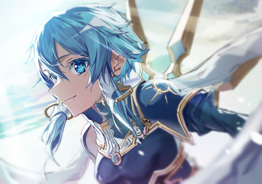 1girl absurdres blue_armor blue_eyes blue_hair blurry blurry_background closed_mouth cloud flying hair_between_eyes hair_tubes highres looking_at_viewer looking_to_the_side mechanical_wings satsuki_(satsuki_art) short_hair_with_long_locks sinon sinon_(solus) sky smile solo sunlight sword_art_online upper_body wings