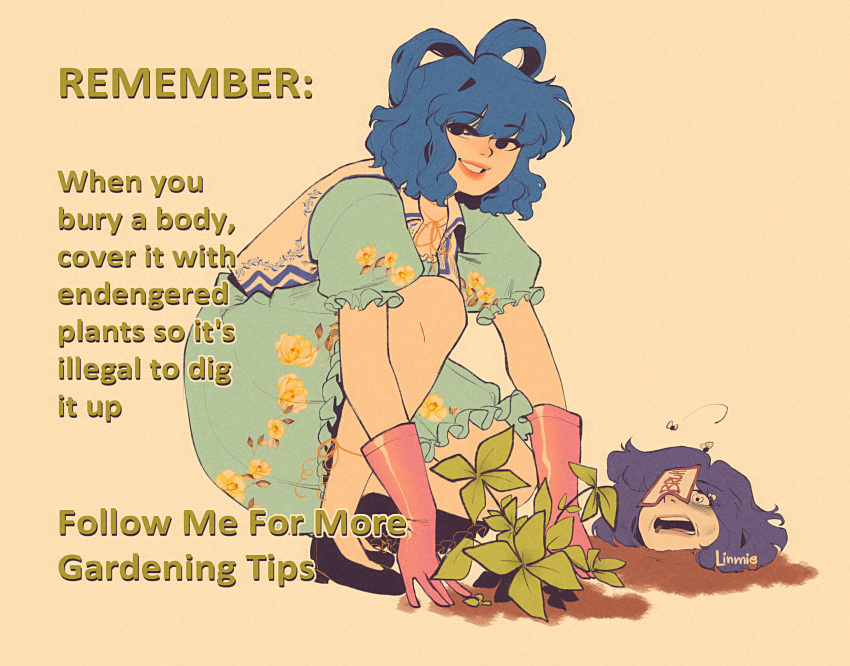 2girls aqua_dress black_eyes blue_hair bug burying_alive dress english_text fly frilled_sleeves frills gardening gardening_tips_(meme) gloves high_heels highres jiangshi kaku_seiga linmiee meme miyako_yoshika multiple_girls ofuda open_mouth pink_gloves planting purple_hair short_hair short_sleeves simple_background smile touhou typo vest white_vest