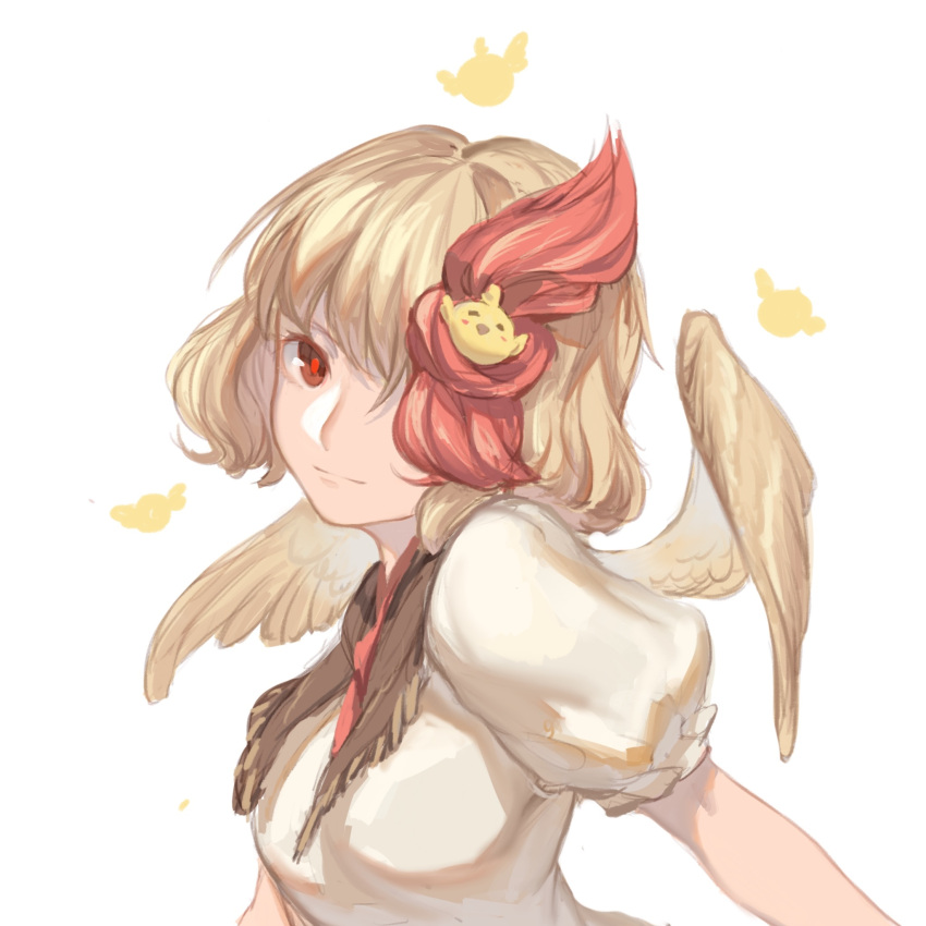 1girl animal animal_on_head bird bird_on_head bird_wings blonde_hair chick closed_mouth feathered_wings highres multicolored_hair niwatari_kutaka on_head puffy_short_sleeves puffy_sleeves red_eyes red_hair shirt short_hair short_sleeves simple_background solo touhou two-tone_hair wb_yimo white_background white_shirt wings yellow_wings