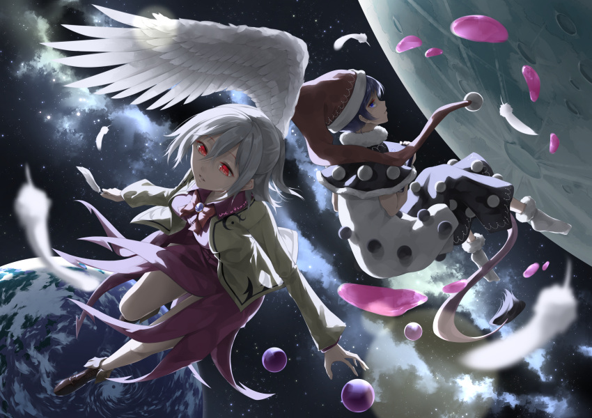 2girls absurdres blue_eyes blue_hair closed_mouth doremy_sweet dress earth_(planet) feathered_wings feathers grey_jacket hair_between_eyes hat highres jacket kishin_sagume long_sleeves moon multiple_girls nightcap open_clothes open_jacket open_mouth otomeza_ryuseigun planet pom_pom_(clothes) purple_dress red_eyes red_headwear short_hair single_wing socks space touhou white_dress white_hair white_socks white_wings wings