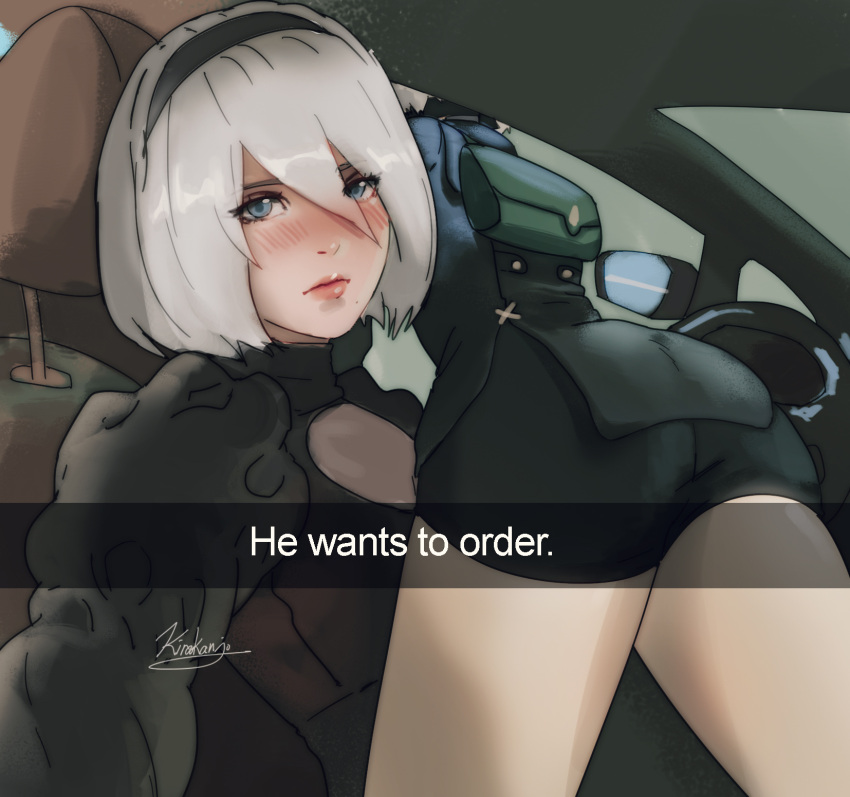 1boy 1girl ass black_dress car_interior dress he_wants_to_order_(meme) highres kirakanjo looking_at_viewer lying_on_person meme mole mole_under_mouth nier_(series) nier_automata no_blindfold short_hair white_hair yorha_no._2_type_b yorha_no._9_type_s