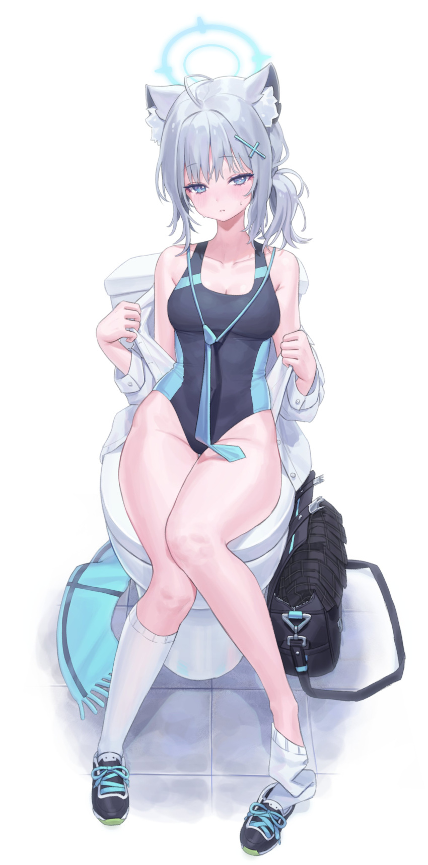 1girl absurdres animal_ear_fluff animal_ears blue_archive blush breasts cleavage clothes_pull collarbone competition_swimsuit full_body grey_hair groin highres jitome looking_at_viewer medium_breasts one-piece_swimsuit open_clothes open_shirt p00nipooni ponytail scarf scarf_removed school_uniform shiroko_(blue_archive) shiroko_(swimsuit)_(blue_archive) shirt shirt_pull side_ponytail simple_background sitting sock_pull solo sweatdrop swimsuit tile_floor tiles toilet_seat white_shirt wolf_ears