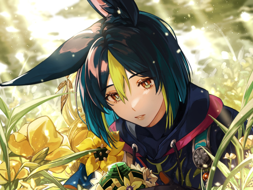 1boy absurdres animal_ear_fluff animal_ears bangs black_gloves black_hair blunt_ends blurry blurry_background bright_pupils brown_eyes commentary crescent_(cgcrescent) drawstring ear_piercing english_commentary eyelashes field flower flower_field fox_boy fox_ears genshin_impact gloves green_eyes green_hair hair_between_eyes highres hood hood_down hoodie looking_at_viewer male_focus medal multicolored_eyes multicolored_hair outdoors parted_lips piercing shirt short_hair sidelocks solo tassel tighnari_(genshin_impact) turtleneck two-tone_hair upper_body white_pupils yellow_flower