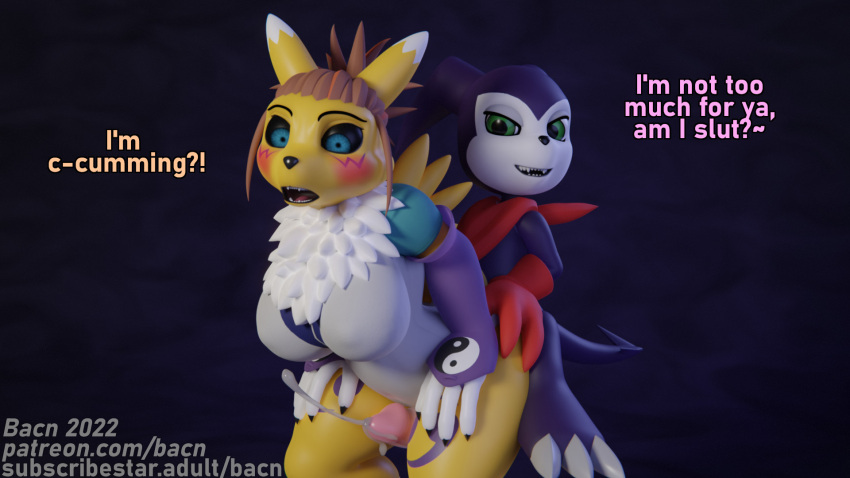 2022 3d_(artwork) anthro bacn bandai_namco big_breasts black_sclera blush bodily_fluids breasts canid canine claws clothed clothing cum cumshot dialogue digimon digimon_(species) digital_media_(artwork) duo ejaculation english_text erection fox from_behind_position fur genital_fluids genitals gloves gynomorph gynomorph/male gynomorph_penetrated hair handwear hi_res humanoid_genitalia humanoid_penis imp impmon intersex intersex/male intersex_penetrated male male_penetrating male_penetrating_gynomorph male_penetrating_intersex mammal open_mouth orgasm partially_clothed penetration penile penis renamon rika_nonaka sex simple_background size_difference smaller_male smile standing standing_sex text tongue topwear white_body white_fur yellow_body