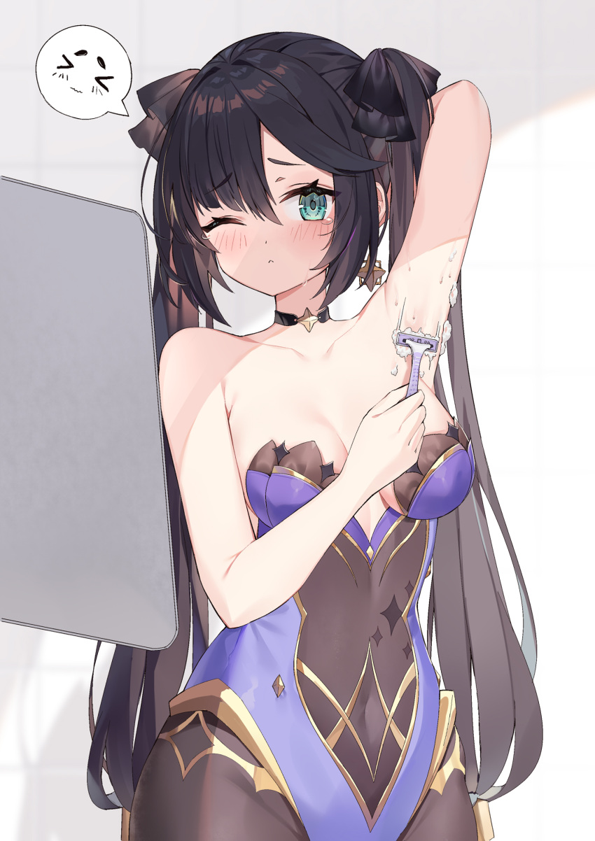 &gt;_&lt; 1girl ;&lt; aqua_eyes arm_behind_head arm_up armpit_crease armpits bangs bare_arms bare_shoulders black_choker black_hair black_ribbon blush bodystocking bodysuit bodysuit_under_clothes breasts brown_pantyhose choker cleavage collarbone foam genshin_impact gold_trim green_eyes groin hair_between_eyes hair_ribbon highres indoors leotard long_hair looking_at_viewer mona_(genshin_impact) no_headwear one_eye_closed pantyhose purple_leotard raised_eyebrows razor ribbon shaving_armpits shaving_cream small_breasts solo speech_bubble spoken_emoticon standing star_(symbol) star_choker strapless strapless_leotard twintails upper_body very_long_hair yuia