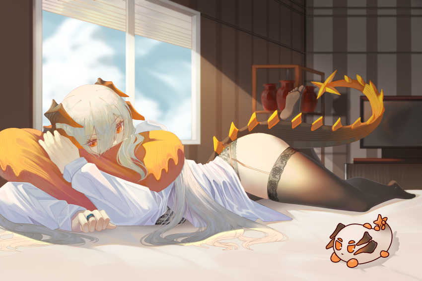 1girl arknights bangs bed_sheet black_bra black_panties black_thighhighs bra breasts creature dragon_girl dragon_horns dragon_tail foot_up full_body grey_hair hair_between_eyes highres horns indoors infection_monitor_(arknights) jewelry large_breasts lingerie long_hair long_sleeves looking_at_viewer lying najashi object_hug on_bed on_stomach panties pillow pillow_hug ring saria_(arknights) shelf solo sunlight tail television thighhighs underwear vase very_long_hair window