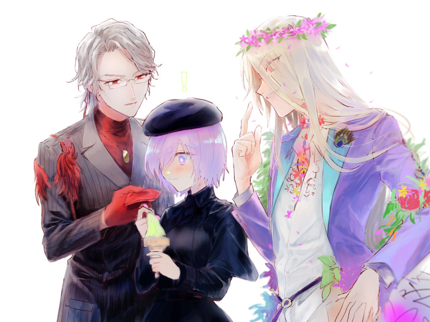 ! 1girl 2boys ane_am antonio_salieri_(fate) antonio_salieri_(second_ascension)_(fate) antonio_salieri_(traveling_outfit)_(fate) bangs belt beret blonde_hair blurry blurry_background blush bright_pupils capelet eyes_visible_through_hair fate/grand_order fate_(series) flower food formal glasses gloves hair_over_one_eye hand_on_hip hat head_wreath holding holding_food holding_spoon ice_cream ice_cream_cone jewelry light_purple_hair long_hair long_sleeves mash_kyrielight mash_kyrielight_(traveling_outfit) multiple_boys napkin necklace official_alternate_costume parted_lips pinstripe_pattern pinstripe_suit pointing pointing_at_self purple_eyes red_gloves short_hair simple_background smile soft_serve spoon striped suit turtleneck very_long_hair white_background white_pupils wolfgang_amadeus_mozart_(fate) wolfgang_amadeus_mozart_(traveling_outfit)_(fate)