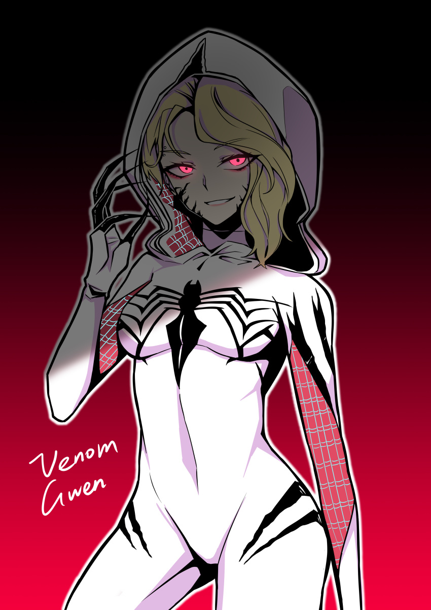 1girl absurdres black_background blonde_hair bodysuit breasts claws corruption covered_navel dark_persona glowing glowing_eyes gradient gradient_background groin_tendon gwen_stacy highres hood looking_at_viewer lsf_(805661342) marvel red_background red_eyes shaded_face she-venom skin_tight small_breasts solo spider-man_(series) symbiote thighs white_bodysuit