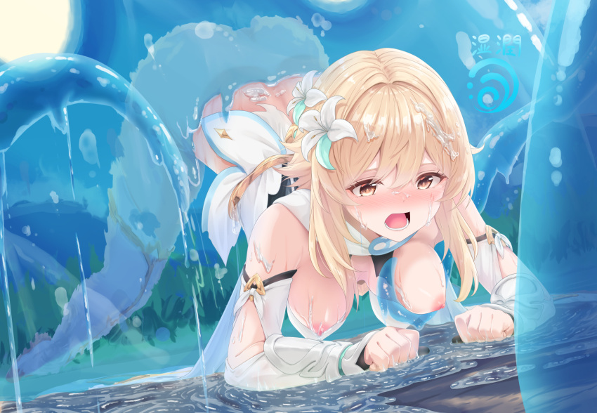 1girl bangs bassa bent_over blonde_hair blush boots bound breasts breasts_out detached_sleeves flower genshin_impact hair_flower hair_ornament highres lumine_(genshin_impact) medium_breasts open_mouth partially_submerged short_hair sidelocks slime_(creature) slime_(genshin_impact) slime_(substance) tentacle_sex tentacles thigh_boots top-down_bottom-up yellow_eyes