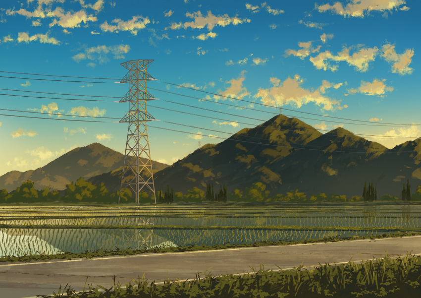 absurdres blue_sky cloud commentary_request day grass highres mountain no_humans original outdoors pinoj0214 power_lines rice_paddy road rural scenery sky transmission_tower