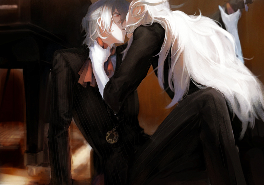 2boys ane_am antonio_salieri_(fate) antonio_salieri_(second_ascension)_(fate) arm_support ascot between_legs blonde_hair curly_hair fate/grand_order fate_(series) film_grain formal hair_between_eyes half_updo holding_another's_wrist imminent_kiss indoors instrument jewelry long_hair male_focus multiple_boys neckwear_grab on_floor pendant piano pinstripe_pattern pinstripe_suit red_ascot short_hair short_sleeves sitting striped suit very_long_hair wolfgang_amadeus_mozart_(fate) yaoi