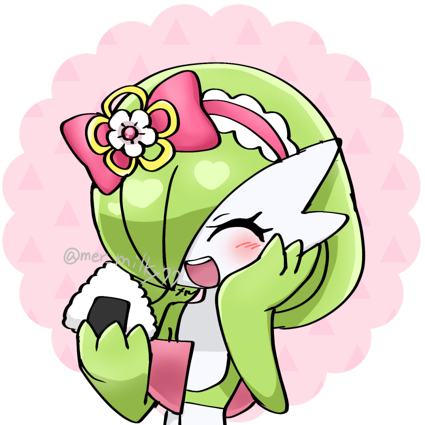 1girl ^_^ artist_name bangs blush bob_cut border bow closed_eyes colored_skin commentary_request eating flat_chest flower food frilled_hairband frills gardevoir green_hair green_skin hair_bow hair_over_one_eye hairband hand_on_own_cheek hand_on_own_face hands_up happy heart highres meru_(mer_milky77) multicolored_skin one_eye_covered onigiri open_mouth outside_border pink_background pink_bow pink_hairband pokemon pokemon_(creature) rice round_image shiny shiny_hair short_hair signature simple_background sketch smile solo teeth twitter_username two-tone_skin upper_body white_border white_flower white_skin