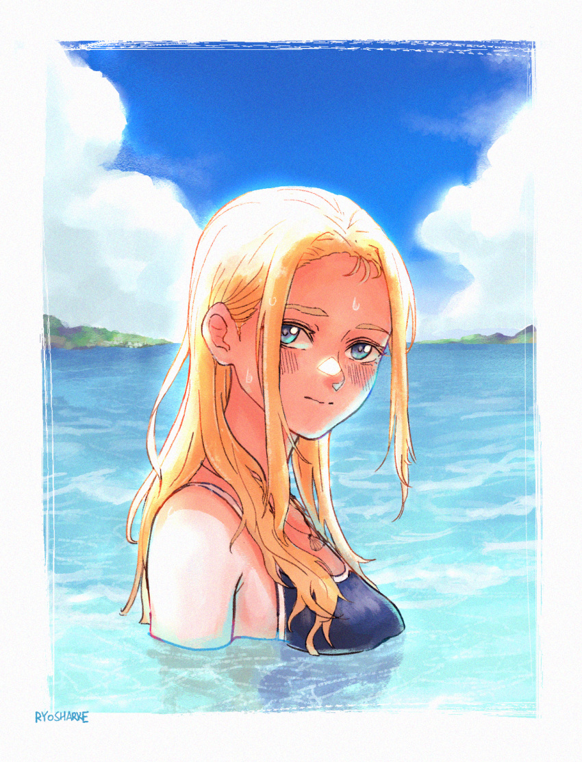 1girl bare_shoulders blonde_hair blue_eyes blue_one-piece_swimsuit blush closed_mouth cloud commentary competition_swimsuit day english_commentary highres jewelry kofune_ushio long_hair looking_at_viewer necklace one-piece_swimsuit outdoors partially_submerged ryosharke seashell shell shell_necklace signature solo summertime_render swimsuit upper_body water