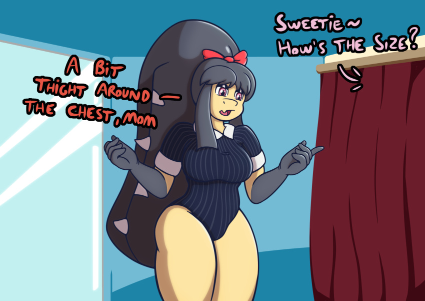 2_mouths anthro big_breasts big_butt booth bow_ribbon breasts butt clothing female generation_3_pokemon hi_res humanoid mawile maya_(jasperisnotcool) mhicky93 multi_mouth nintendo pokemon pokemon_(species) solo swimwear thick_thighs video_games