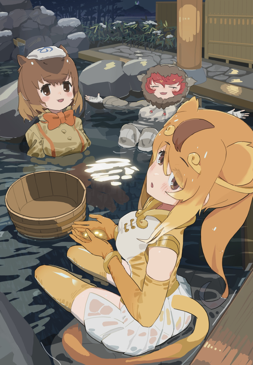 3girls animal_ears blonde_hair blush bow bowtie brown_eyes brown_hair brown_shirt capybara_(kemono_friends) capybara_girl circlet coat commentary_request elbow_gloves frilled_skirt frills fur_trim gloves golden_snub-nosed_monkey_(kemono_friends) grey_coat grey_fur highres japanese_macaque_(kemono_friends) kemono_friends kunikuni_(kunihiro2005) leotard long_hair long_sleeves looking_at_viewer monkey_ears monkey_girl monkey_tail multiple_girls onsen orange_bow orange_bowtie orange_gloves parka partially_submerged ponytail red_hair shirt short_hair skirt suspenders tail thighhighs towel towel_on_head yellow_leotard yellow_thighhighs zettai_ryouiki