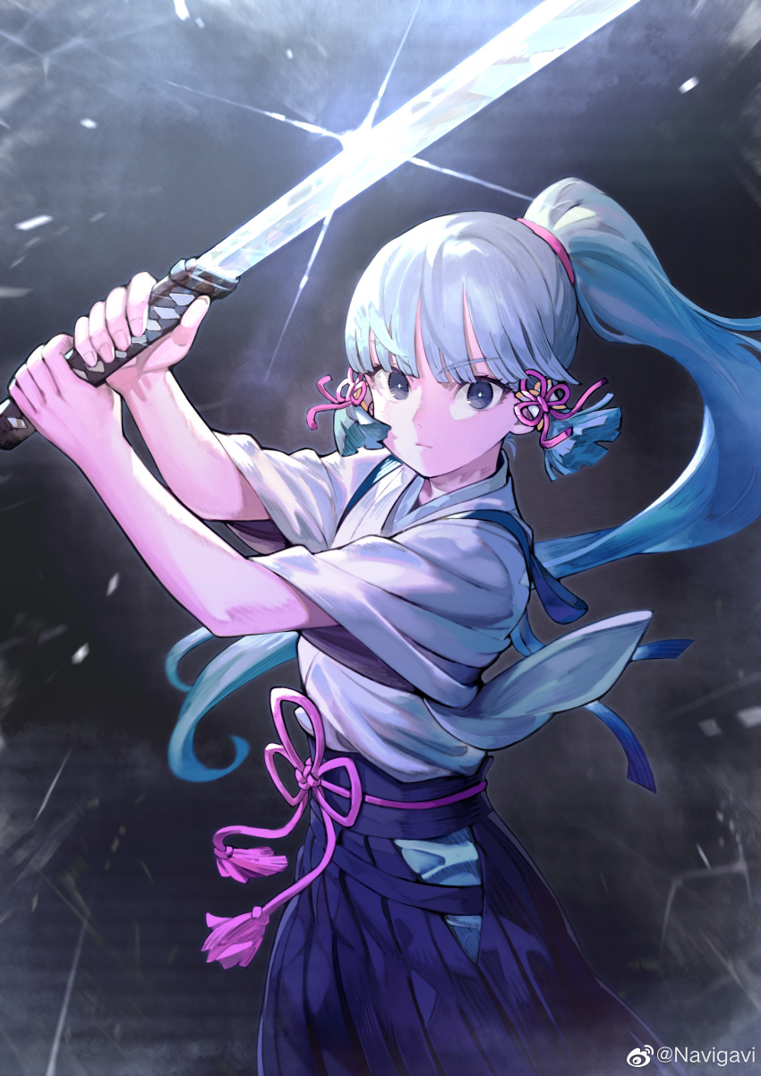 1girl absurdres blue_eyes blue_hair blue_hakama blunt_bangs closed_mouth cowboy_shot flower_knot genshin_impact glint hair_ribbon hakama highres holding holding_sword holding_weapon japanese_clothes jun_(navigavi) kamisato_ayaka kimono light_blue_hair long_hair looking_at_viewer obi obijime pink_ribbon ponytail ribbon sash sidelocks solo standing sword tasuki v-shaped_eyebrows weapon weibo_logo weibo_watermark white_kimono