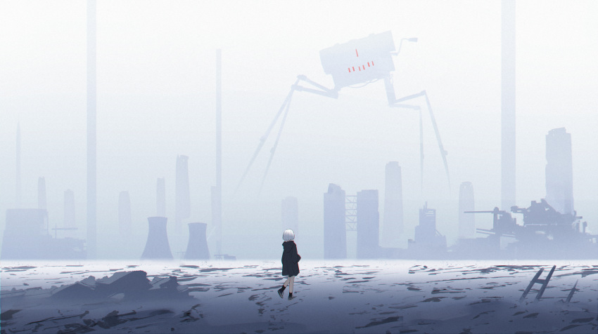 1girl city factory fog from_behind grey_sky highres hood hoodie laluna long_hoodie original outdoors oversized_clothes rubble ruins scenery shoes short_hair sneakers snow solo walking white_hair
