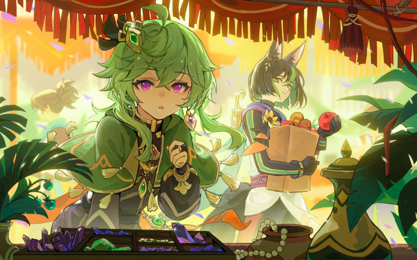 1girl 2boys absurdres ahoge animal_ear_fluff animal_ears apple bangs black_gloves black_hair blunt_ends bridal_gauntlets brown_scarf capelet chinese_commentary collei_(genshin_impact) commentary_request crossed_bangs ear_piercing flower food fox_ears fox_tail fruit genshin_impact gloves green_capelet green_eyes green_hair hair_ornament highres hood hoodie jewelry long_hair long_sleeves looking_at_viewer market market_stall multicolored_hair multiple_boys necklace open_mouth piercing ponytail puffy_sleeves purple_eyes scarf standing streaked_hair tail tassel tighnari_(genshin_impact) vase vision_(genshin_impact) xiang_wan_wei_wan yellow_flower