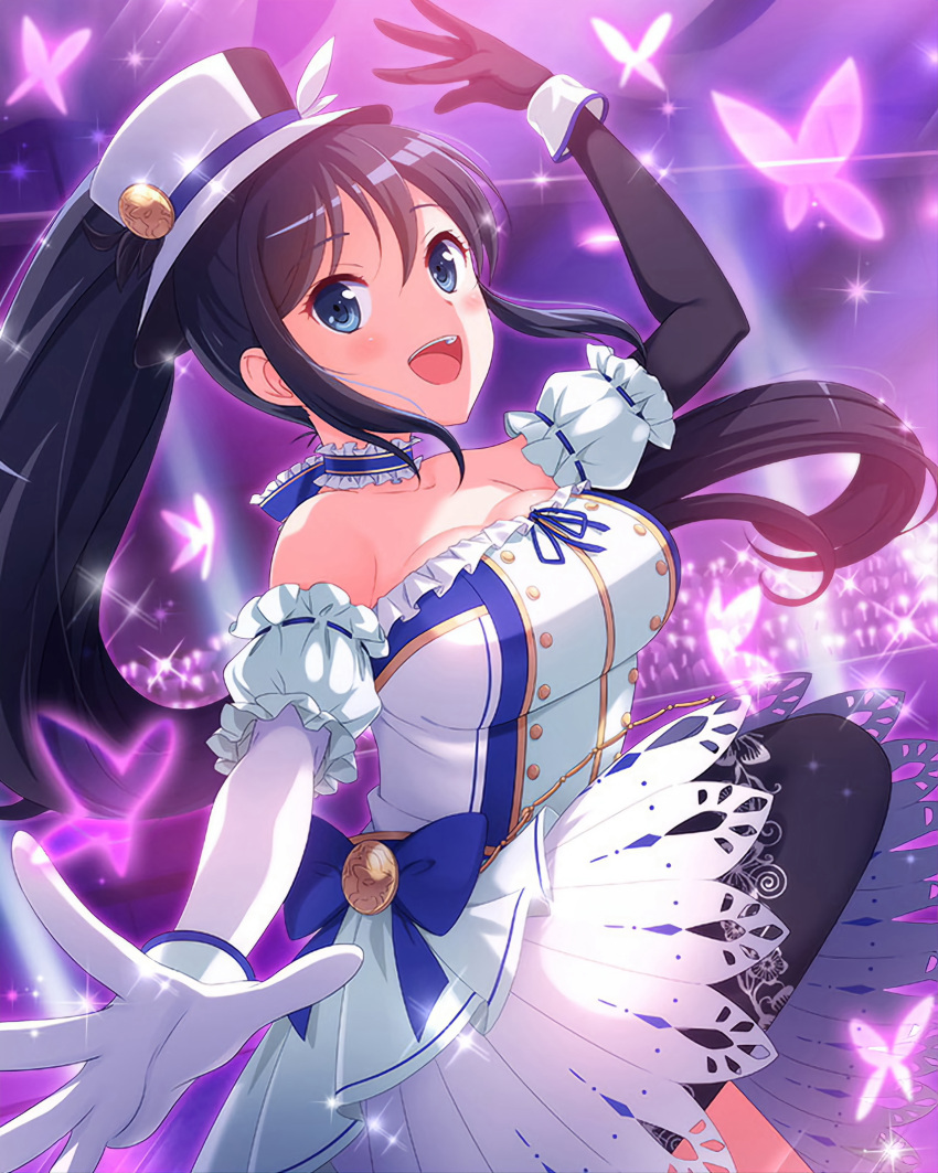 :d absurdres asymmetrical_gloves black_hair blue_bow blue_eyes blush bow breasts bug butterfly cleavage crowd dress dress_bow elbow_gloves gloves hat hat_ornament highres ichinose_yukino idol idol_wars_z indoors medium_breasts mismatched_gloves ponytail purple_butterfly sidelocks smile standing third-party_source white_dress