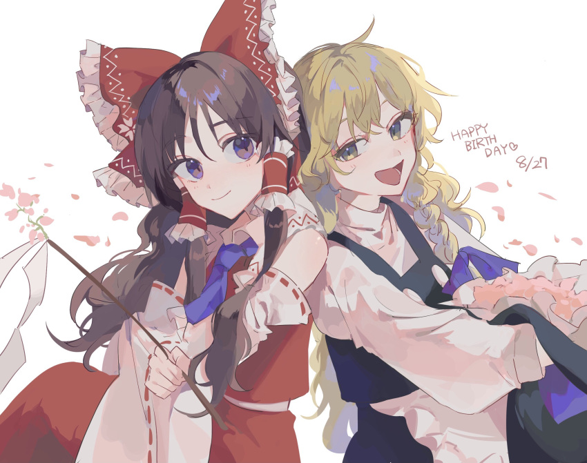 2girls :d apron ascot bangs bare_shoulders black_skirt black_vest blonde_hair blue_ascot blush bow braid brown_hair collared_vest commentary dated detached_sleeves flower frilled_apron frilled_bow frilled_hair_tubes frills gohei hair_bow hair_tubes hakurei_reimu happy_birthday hat hat_basket hat_removed headwear_removed highres holding holding_clothes holding_hat kirisame_marisa long_hair long_sleeves looking_at_another multiple_girls open_mouth pink_flower purple_eyes red_bow red_skirt red_vest ribbon-trimmed_sleeves ribbon_trim shirt shoulder-to-shoulder simple_background single_braid skirt smile touhou vest waist_apron white_background white_shirt white_sleeves yanfei_u yellow_eyes