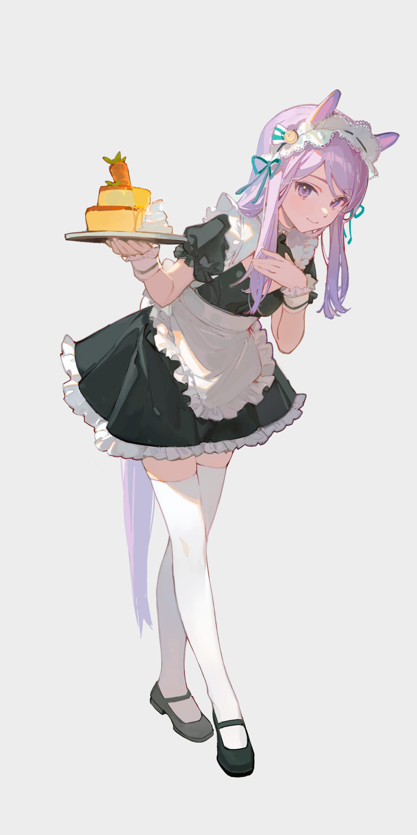 1girl absurdres alternate_costume animal_ears black_footwear blush cake ciloranko enmaided food full_body hair_ornament highres horse_ears horse_tail maid maid_headdress mary_janes mejiro_mcqueen_(umamusume) purple_eyes purple_hair shoes simple_background smile solo standing tail thighhighs umamusume white_background white_thighhighs