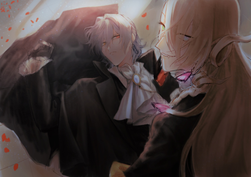 2boys ane_am antonio_salieri_(fate) antonio_salieri_(masquerade_of_the_vampire)_(fate) antonio_salieri_(second_ascension)_(fate) ascot black_gloves blonde_hair blue_eyes curly_hair earrings fang fang_out fangs fate/grand_order fate_(series) frilled_sleeves frills gloves green_eyes grey_hair hair_intakes hair_over_one_eye half_gloves hand_on_another's_chest heterochromia jewelry long_hair looking_at_another looking_at_viewer lying male_focus multiple_boys on_back on_floor orange_eyes petals red_eyes short_hair white_ascot wolfgang_amadeus_mozart_(fate) wolfgang_amadeus_mozart_(masquerade_of_the_vampire)_(fate) yaoi