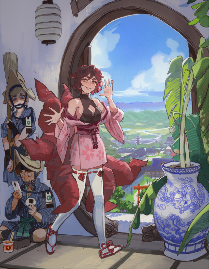 1boy 2girls :d absurdres cleavage_cutout clothing_cutout green_sash highres holding japanese_clothes kimono lantern long_sleeves looking_at_viewer mossacannibalis multiple_girls obi open_mouth original paper_lantern pink_kimono pink_sash plant potted_plant red_hair sandals sash short_hair short_kimono smile soldier tabi thighhighs walkig waving white_thighhighs window yellow_eyes