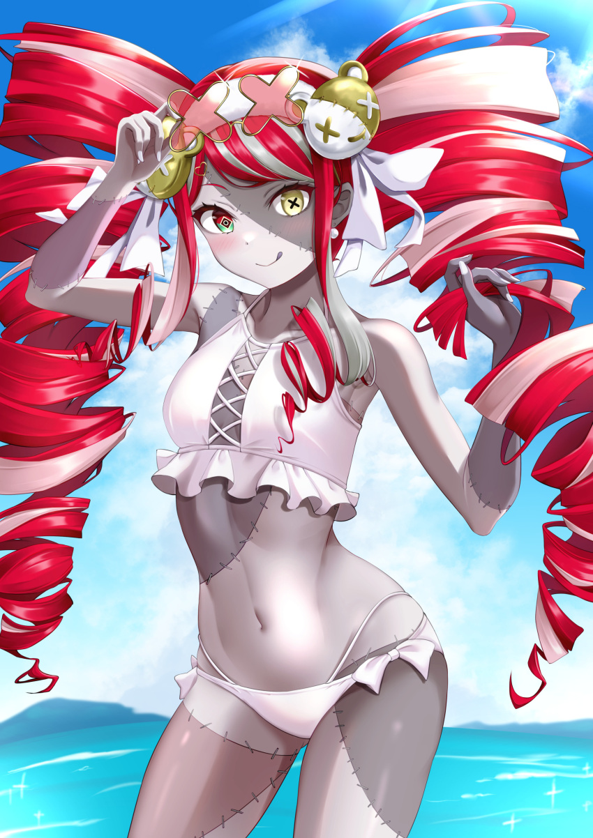 1girl :q absurdres bangs bikini breasts colored_skin commentary_request day drill_hair eyewear_on_head green_eyes grey_skin hairband heterochromia highres holding holding_hair hololive kaigan kureiji_ollie multicolored_hair navel outdoors patchwork_skin red_eyes red_hair small_breasts solo standing stitched_arm stitched_face stitched_leg stitched_torso stitches stomach sunglasses swimsuit tongue tongue_out twin_drills twintails two-tone_hair udin_(kureiji_ollie) virtual_youtuber white_bikini white_hair white_hairband x-shaped_eyewear yellow_eyes