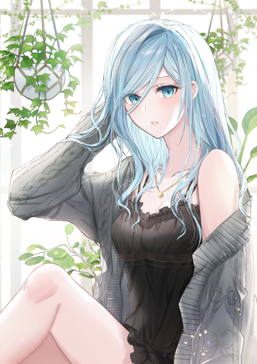 1girl absurdres arm_behind_head black_camisole blue_eyes blue_hair blush breasts camisole cleavage day expressionless highres hinomori_shizuku jacket jewelry light_blue_hair long_hair looking_at_viewer mairu003 mole mole_under_mouth necklace off_shoulder project_sekai sitting sleeveless solo sweater_jacket thighs