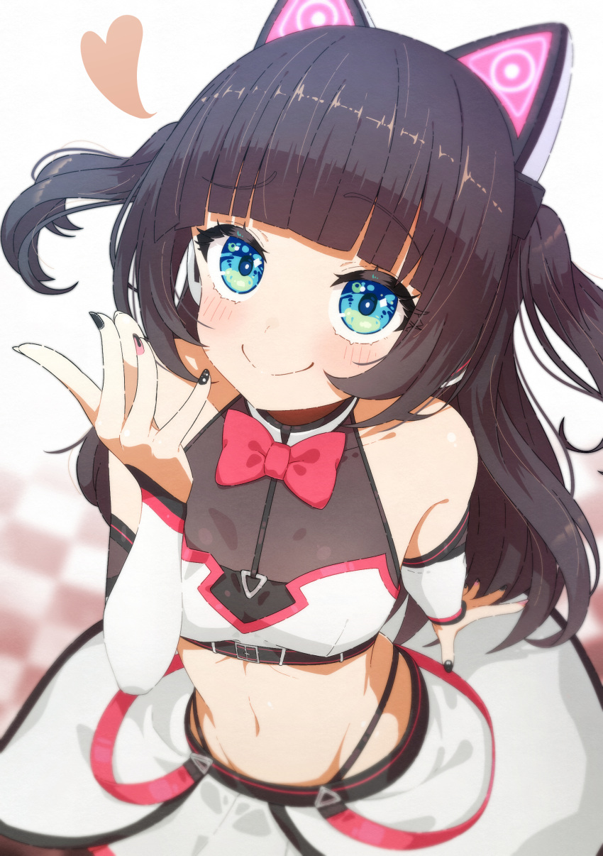 1girl absurdres aqua_eyes bangs bare_shoulders black_nails blunt_bangs bow bowtie brown_hair cat_ear_headphones checkered_floor crop_top from_above headphones heart highres hime_cut hololive long_hair looking_at_viewer lunch_boxer midriff nail_polish natsuiro_matsuri navel official_alternate_costume official_alternate_hairstyle pink_nails smile solo two_side_up virtual_youtuber