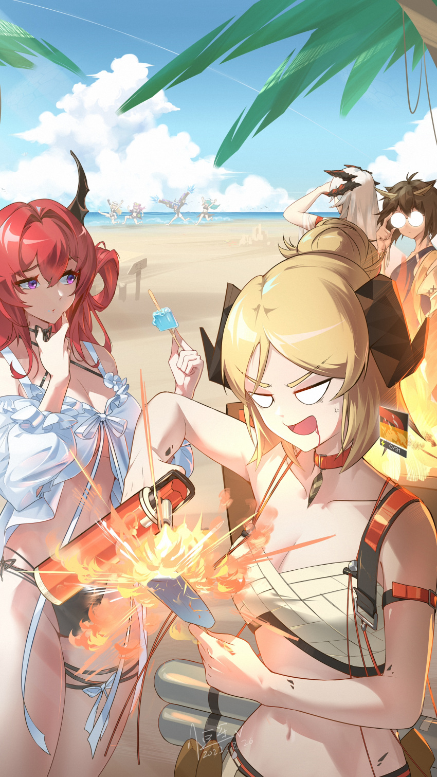 6+girls :d absurdres arknights beach bikini blonde_hair blue_sky brown_hair ch'en_(arknights) ch'en_the_holungday_(arknights) cloud commentary_request day fire flame glasses hair_bun hair_intakes hair_rings hengxing_v highres holding horns hoshiguma_(arknights) ifrit_(arknights) ifrit_(sunburn)_(arknights) lin_yuhsia_(arknights) multiple_girls navel ocean open_mouth outdoors purple_eyes red_hair round_eyewear sarashi saria_(arknights) silence_(arknights) sky smile stomach surtr_(arknights) surtr_(colorful_wonderland)_(arknights) swimsuit swire_(arknights) v-shaped_eyebrows water white_bikini white_hair