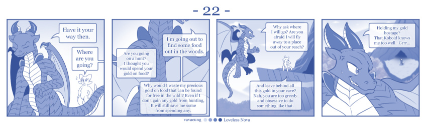 blue_and_white comic detailed_background dialogue dragon english_text featureless_chest featureless_crotch female feral flat_chested hi_res horn kobold larger_feral male monochrome size_difference smaller_female text vavacung wings