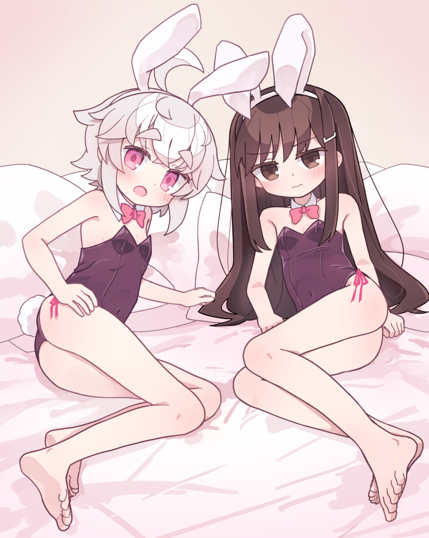 2girls ahoge akichi_mashiro animal_ears bangs bare_arms bare_legs bare_shoulders barefoot bed_sheet blush bow breasts brown_eyes brown_hair closed_mouth collar commentary_request covered_navel detached_collar fake_animal_ears feet grey_hair hair_ornament hairband hairclip highres kibisake leotard looking_at_viewer lying multiple_girls on_side open_mouth original pillow pink_bow playboy_bunny purple_leotard rabbit_ears rabbit_tail short_eyebrows small_breasts soles strapless strapless_leotard tail thick_eyebrows toes torii_koyomi wavy_mouth white_collar white_hairband wing_collar
