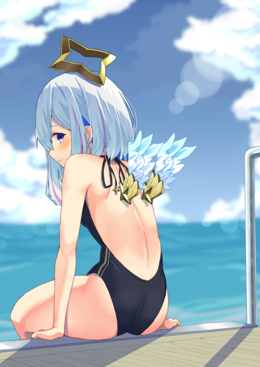 1girl absurdres amane_kanata angel angel_wings back blue_hair blurry cloud colored_inner_hair depth_of_field feathered_wings from_behind grey_hair highres hololive kisara_mikami looking_at_viewer looking_back multicolored_hair one-piece_swimsuit purple_eyes short_hair sky solo swimsuit virtual_youtuber water wings