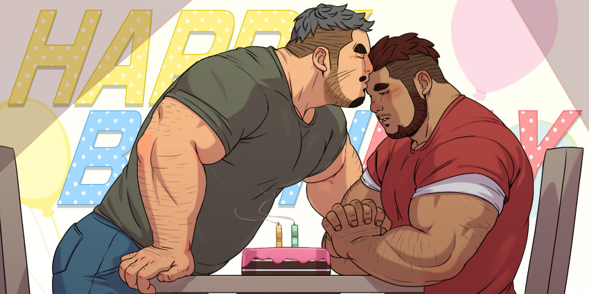 2boys absurdres arm_hair bara beard belly birthday blush brown_hair cake closed_eyes couple dark-skinned_male dark_skin denim facial_hair feet_out_of_frame food from_side gangdong green_shirt grey_hair happy_birthday highres jeans kiss kissing_forehead large_pectorals male_focus mature_male multiple_boys muscular muscular_male non-web_source original own_hands_together palms_together pants party pectorals plump red_shirt shirt short_hair thick_eyebrows underpec upper_body yaoi