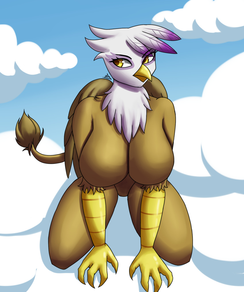 anthro anthrofied avian beak big_breasts breast_focus breasts brown_body brown_feathers feathers featureless_breasts female friendship_is_magic gilda_(mlp) gryphon hi_res my_little_pony mythological_avian mythology nude solo zachc