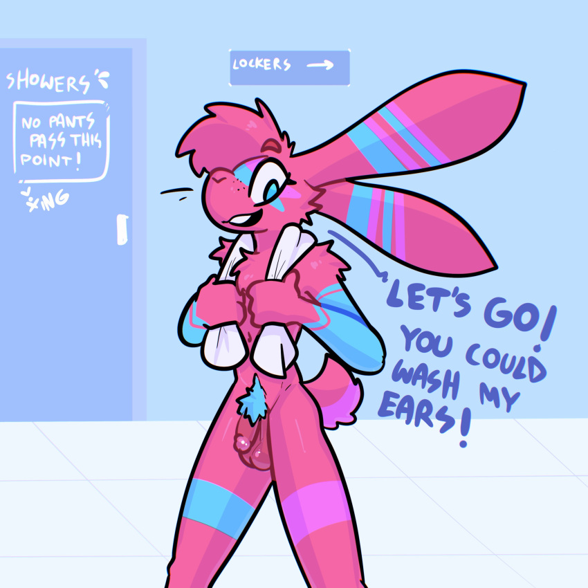 absurd_res anthro balls blue_body blue_eyes blue_fur dialogue english_text fur genitals hi_res lagomorph leporid looking_at_viewer male mammal multicolored_body multicolored_fur nude open_mouth penis pink_body pink_fur pubes rabbit solo talking_to_viewer text the_xing1 xing_(the_xing1)