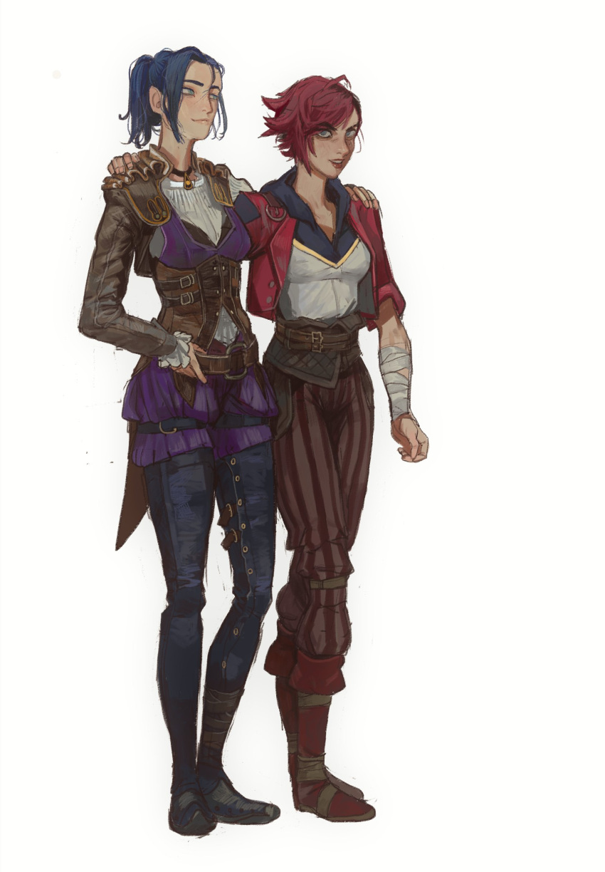 2girls absurdres arcane:_league_of_legends arcane_caitlyn arcane_vi arm_around_shoulder bandaged_arm bandages blue_eyes blue_hair blue_pants brown_jacket brown_pants cropped_jacket highres hood hood_down jacket league_of_legends lipstick long_sleeves looking_at_viewer makeup mossacannibalis multiple_girls open_clothes open_jacket pants ponytail purple_vest red_hair red_jacket red_lips sash short_hair simple_background smile striped striped_pants vertical-striped_pants vertical_stripes vest vi_(league_of_legends) white_background