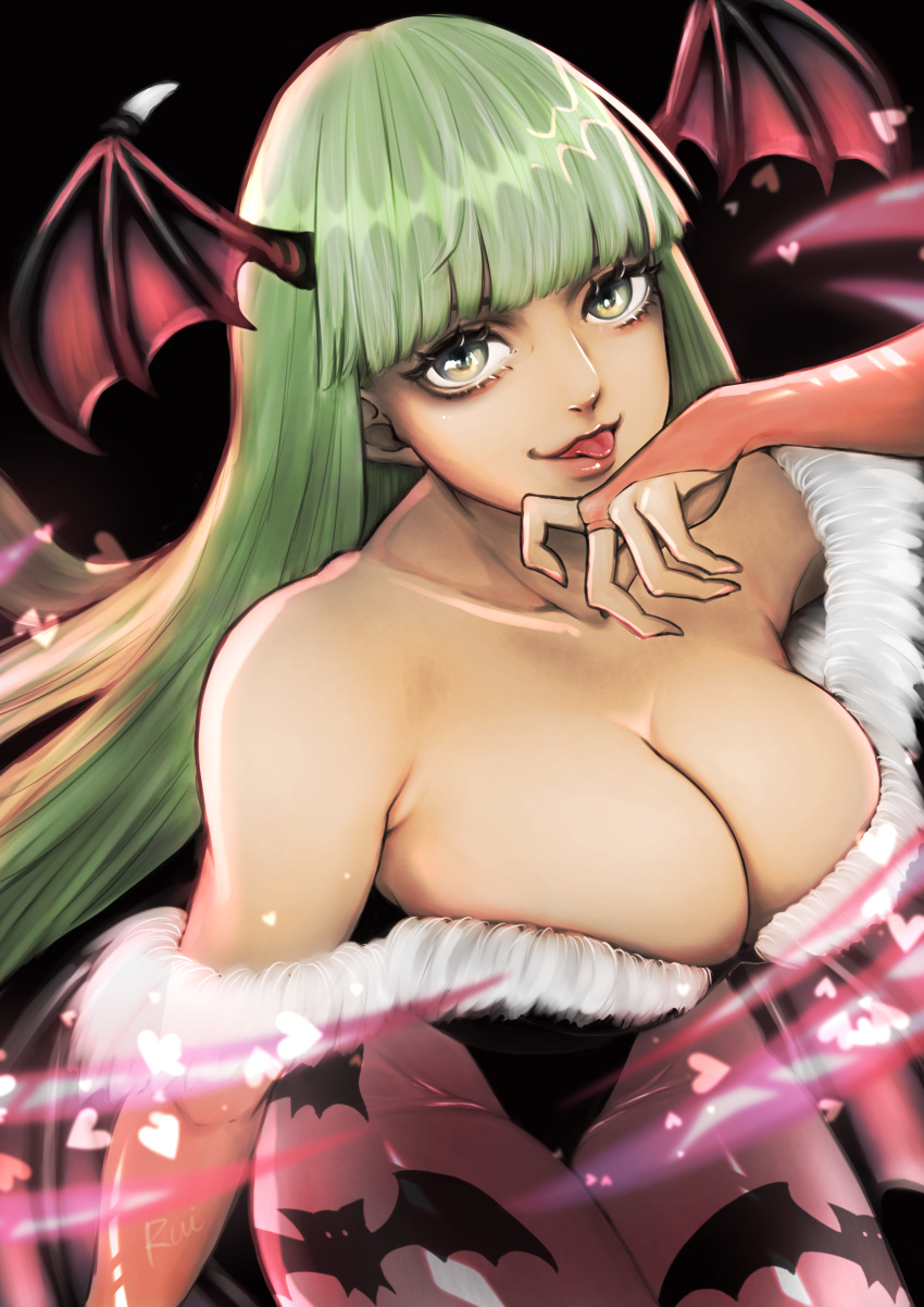 1girl absurdres animal_print artist_name bangs bare_shoulders bat_print bat_wings black_background blunt_bangs breasts bridal_gauntlets cleavage collarbone commentary cropped_legs demon_girl feather_trim green_eyes green_hair hand_up head_wings heart highres large_breasts looking_at_viewer morrigan_aensland rui_(user_wyxs8384) simple_background tongue tongue_out upper_body vampire_(game) wings