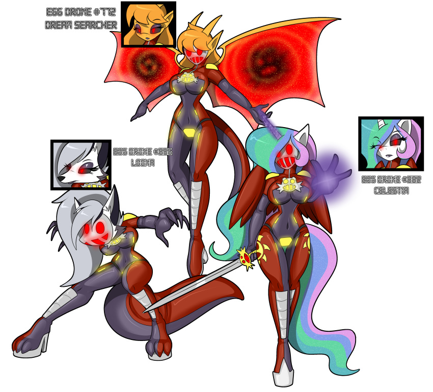 2022 2_horns absurd_res anthro big_breasts black_background black_latex black_sclera bodysuit brainwashing breasts canid canid_demon chaoscroc clothing demon dragon dream_searcher_(jortyguy) drone eggman_empire eggman_logo english_text equid equine female footwear friendship_is_magic fur glowing glowing_eyes grey_hair group hair hasbro hellhound helluva_boss hi_res high_heels holding_object holding_sword holding_weapon horn latex latex_clothing looking_at_viewer loona_(helluva_boss) mammal mask melee_weapon membrane_(anatomy) membranous_wings mind_control multicolored_hair multicolored_tail my_little_pony orange_body orange_hair orange_scales princess_celestia_(mlp) red_eyes red_latex reptile rubber rubber_clothing scales scalie simple_background skinsuit spread_wings standing sword text tight_clothing trio unicorn weapon white_body white_fur winged_unicorn wings