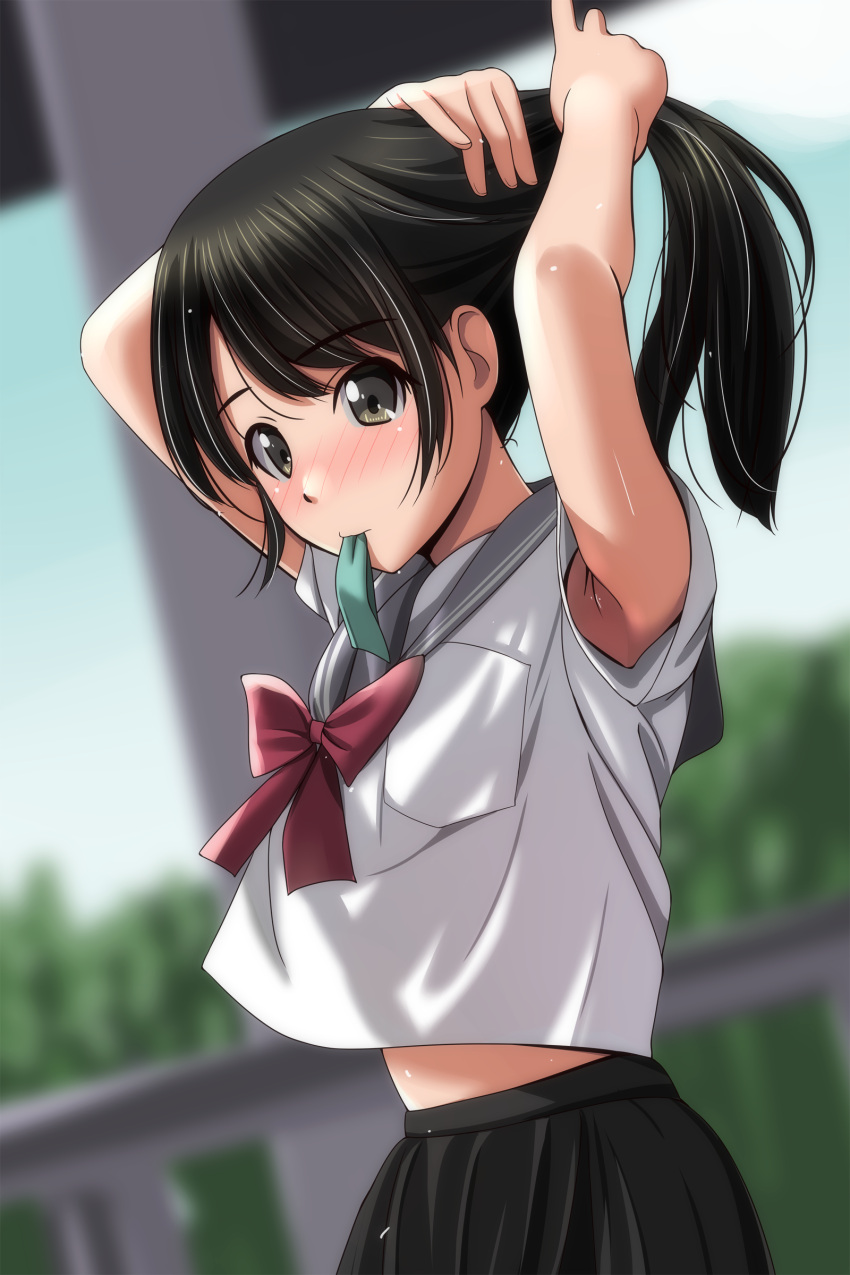 1girl absurdres armpit_peek armpits arms_behind_head arms_up bangs bare_arms black_hair black_skirt blue_sky blurry blurry_background blush bow bowtie brown_eyes clothes_lift day depth_of_field dutch_angle full-face_blush green_ribbon grey_sailor_collar hair_tie_in_mouth hand_in_own_hair highres holding holding_hair looking_at_viewer matsunaga_kouyou midriff_peek mouth_hold original outdoors parted_bangs pleated_skirt red_bow red_bowtie ribbon sailor_collar school_uniform serafuku shirt shirt_lift short_sleeves sidelocks skirt sky solo standing swept_bangs tree tying_hair white_shirt
